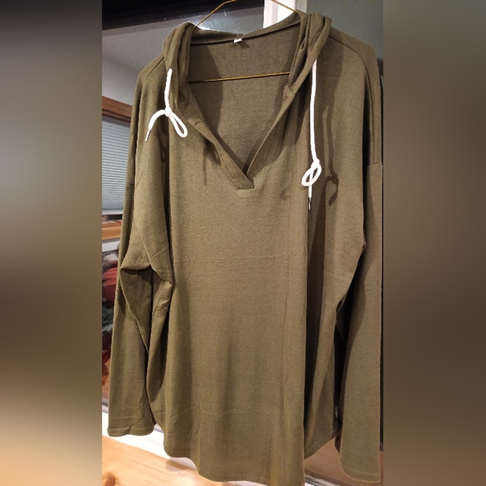 Olive Green Hoodie with White Drawstrings